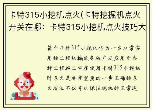 卡特315小挖机点火(卡特挖掘机点火开关在哪：卡特315小挖机点火技巧大揭秘)