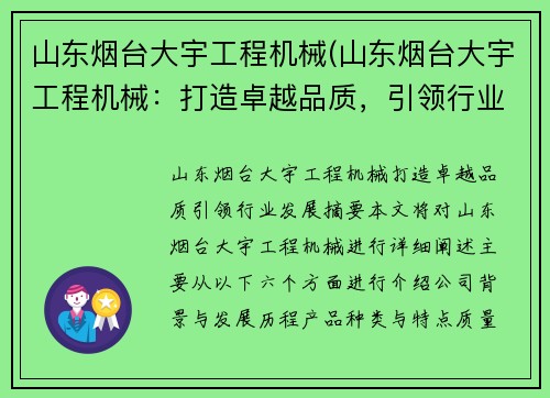 山东烟台大宇工程机械(山东烟台大宇工程机械：打造卓越品质，引领行业发展)